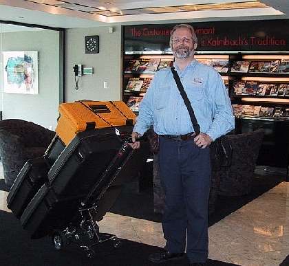 The author glides through the reception area of 
the Kalmbach Publishing offices in Waukeesha, Wisconsin following a photo shoot 
for Model Railroader Magazine in August 2001.