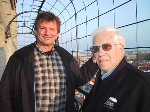 Jeremy and Terry 'resting' at the top of the 15-story clock tower!