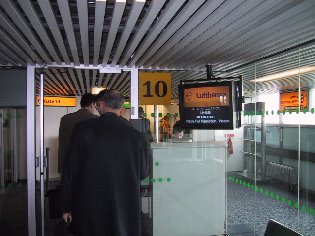 Heading throught the Lufthansa boarding gate en route to Frankfurt.